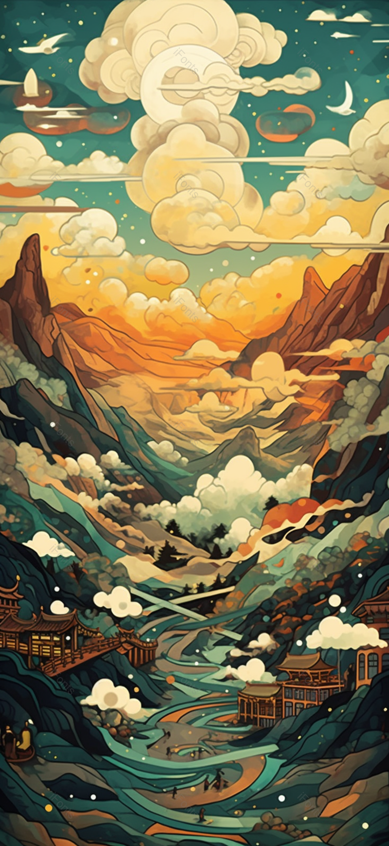 国潮古典高山流水下的楼阁插画,插画/手绘图,插画/手绘图库,插画/手绘图下载,插画/手绘